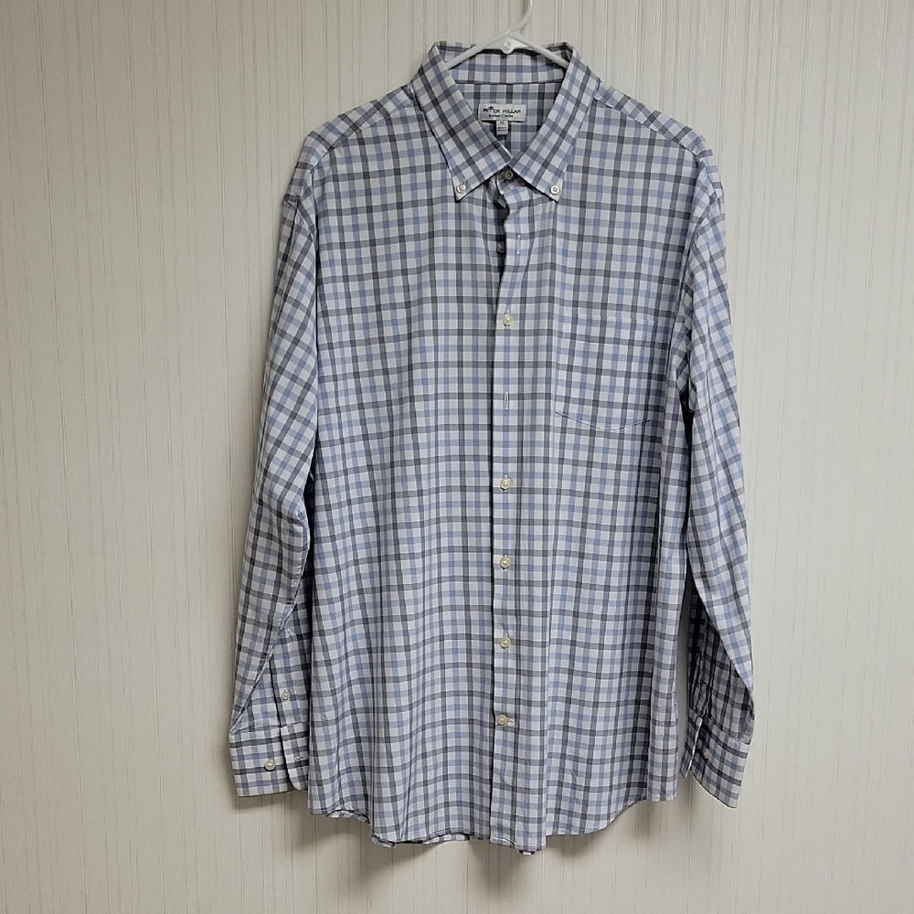 Peter Millar Men's Blue Checkered Long Sleeve Summer Comfort Shirt XL business